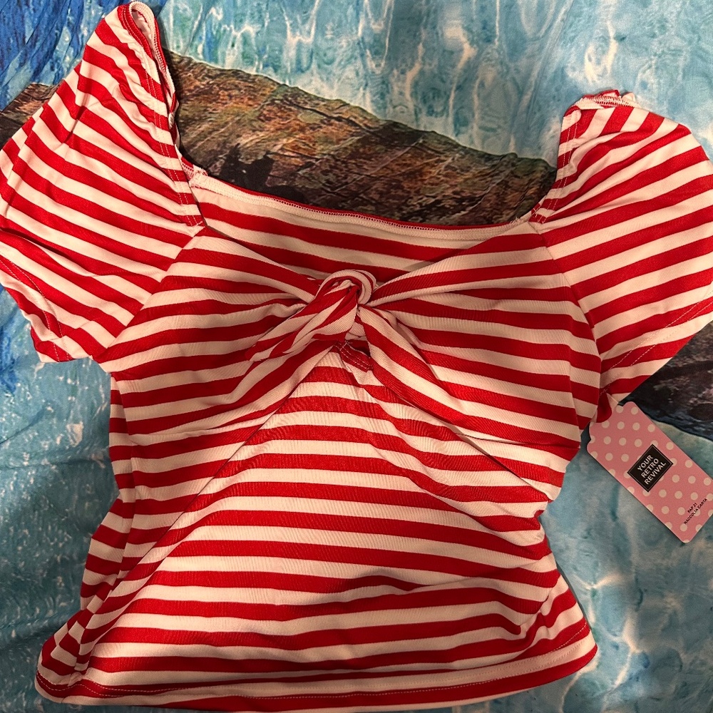 Red & white striped retro vintage sailor shirt Size L 8/10